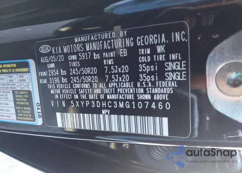 2021 Kia Telluride Ex z USA, uszkodzony, nr VIN 5XYP3DHC3MG107460